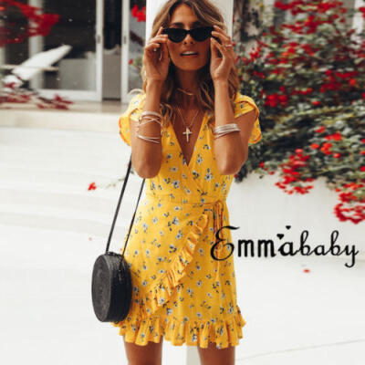 

AU Fashion Women V-neck Short Sleeve Chiffon Print Deep Ruffles Short Wrap Dress