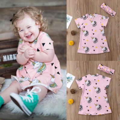 

Kids Baby Girls Unicorn One Piece Dress Short Sleeve Cotton Dresses Outfits 1-5T