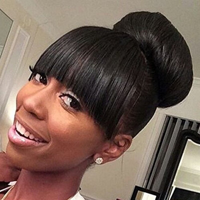 

Silky Straight Lace Front Wig with Full Bangs Ponytail Brazilian Virgin Human Hair Full Lace Wigs for Women Natural Color