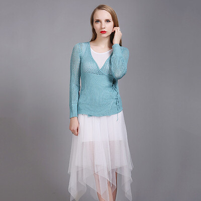 

PREISEI Spring Autumn Women Casual Elegant Slim Solid Hollow Out Lace Up V-Neck Long Sleeve Knitted Cardigan Mujer