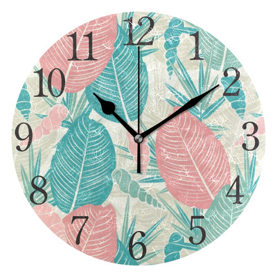 

Wall Clock Arabic Numerals Design Pink Green Leaves Round