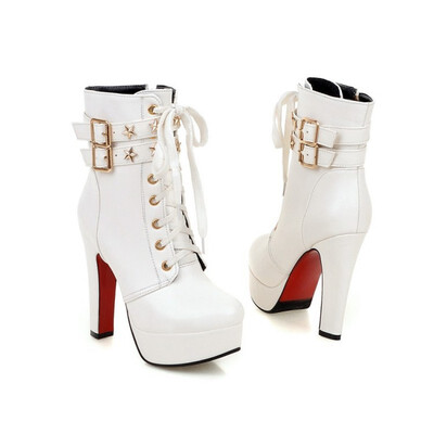 

IDIFU Womens Trendy Studded Stars Buckled Belt Lace up Almond Toe Chunky High Heel Platform Short Boots