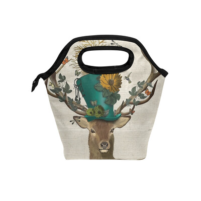 

Lunch Tote Bag Cap Deer Travel Picnic Insulated Lunch Handbags Portable Zipper Lunch Bag Box