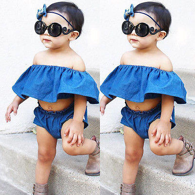 

Denim Newborn Toddler Baby Girl Off Shoulder Crop TopsShorts Outfit Clothes Set