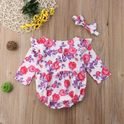 

US Newborn Baby Girl Long Sleeve Floral Romper Jumpsuit Headband Outfits Clothes