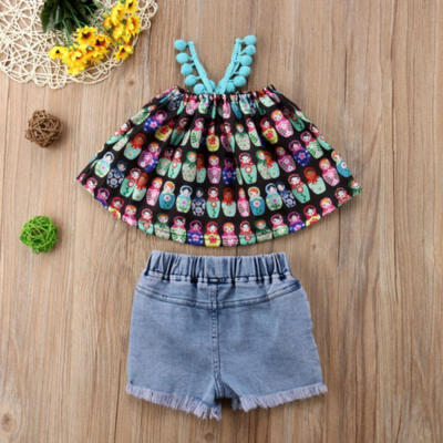 

Cartoon Newborn Baby Girl Summer Outfits Mini Dress Ripped Denim Short Pants Set