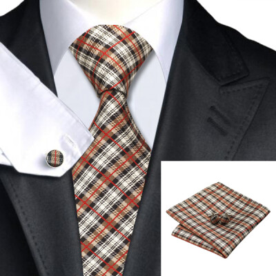 

N-0283 Vogue Men Silk Tie Set Brown Plaids & Checks Necktie Handkerchief Cufflinks Set Ties For Men Formal Wedding Business wholesale