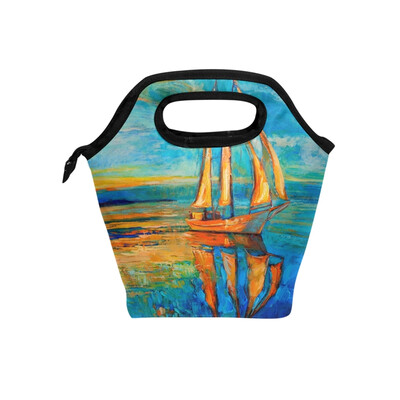 

Lunch Tote Bag Orange Sailing Travel Picnic Insulated Lunch Handbags Portable Zipper Lunch Bag Box