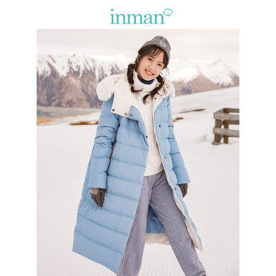 

INMAN 2018 winter new hooded fur collar fresh literary warm long down jacket female 1884121002 gray blue