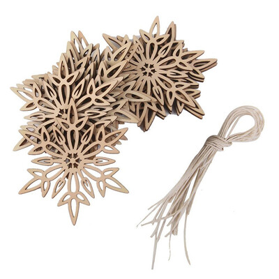 

UpperX 10x Christmas Ornaments Wood Hanging Hollow Xmas Decorations Wood color with Hemp Ropes Hollow Snowflake