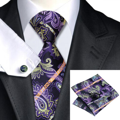 

N-0573 Vogue Men Silk Tie Set Purple Paisley Necktie Handkerchief Cufflinks Set Ties For Men Formal Wedding Business wholesale