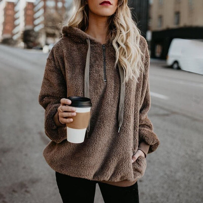 

New Fashion Autumn Winter Women Solid Color Zipper Hoodies Long Sleeve V-neck Sweaters Casual Keep Warm Pocket Tops Plus Size