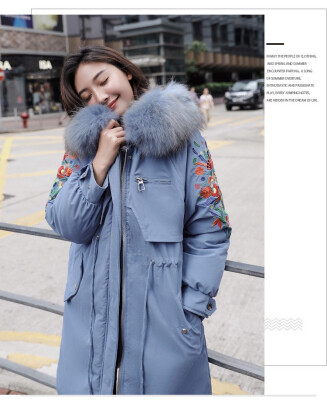 

Europe station embroidery colorful oversize wool collar down jacket womens long new winter fashion casual jacket