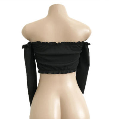 

Sexy Women Ladies Bandage Frill Off Shoulder Ribbed Long Sleeve Crop Top Blouse