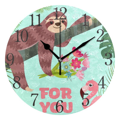 

Wall Clock Flamingo And Sloth With Bouquet Round Wall Clock Arabic Numerals Design