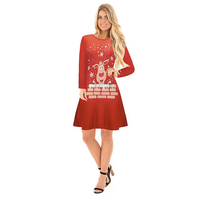 

Christmas Day Womens Dress Autumn&Winter Long Sleeve Cartoon Print Midi Skirt