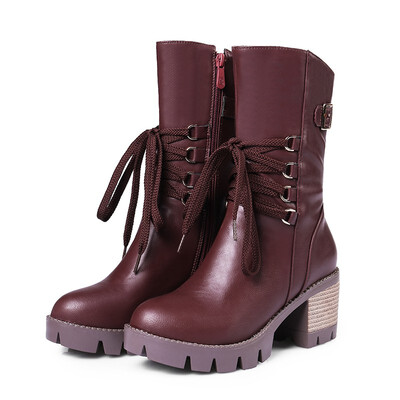 

IDIFU Womens Unique Buckle Strap Round Toe Platform Medium Block Heel Side Zipper Mid Calf Boots