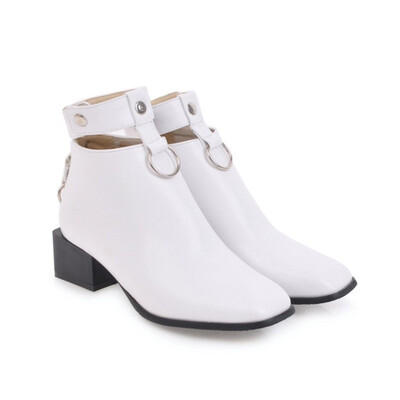 

IDIFU Womens Dressy Studded Cut out Block Medium Heel Ankle Booties Square Toe Back Zipper Short Boots