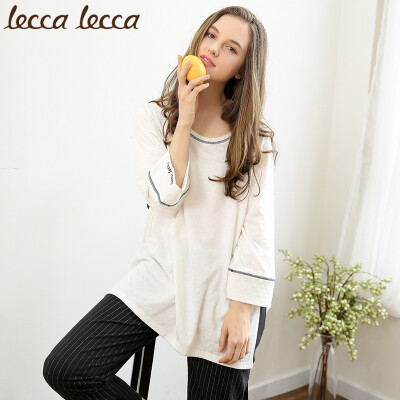 

Lecca lecca Lakrica couple pajamas spring&autumn women loose cotton nine-point sleeve suit autumn mens casual home service LC171M-WT0062 female models white black white strips L