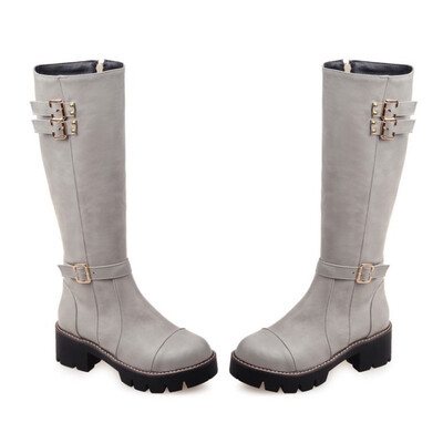 

IDIFU Womens Trendy Buckle Straps Round Toe Side Zipper Block Medium Heel Platform Under the Knee High Boots