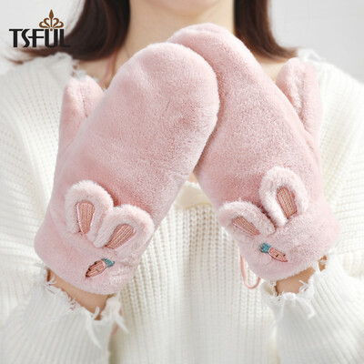 

Tsful gloves womens autumn&winter warm&velvet thickening ears raw mittens simple fashion cute students Korean version A1875A pink