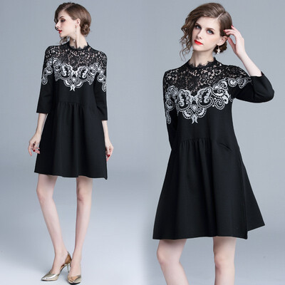 

2018 Autumn Embroidery Patchwork Lace Dress Women O-neck Work Casual Party Black Mini Dresses Vintage Vestidos