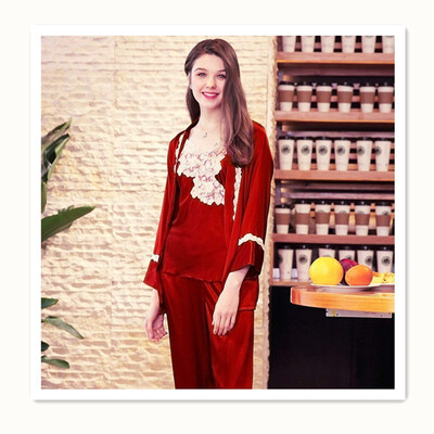 

Simulation silk pajamas ladies spring dress robes trousers three-piece suit home service STZ637