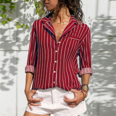 

USA Womens Long Sleeve Striped Shirt Casual Tops OL Laides Loose Blouse Button