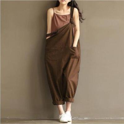 

Women Casual Linen Pants Cotton Jumpsuit Strap Harem Trousers Overalls US Stock