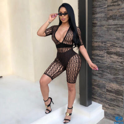 

Sexy Women Bodycon Mesh See-through Print Club Party Playsuit Jumpsuit Romper