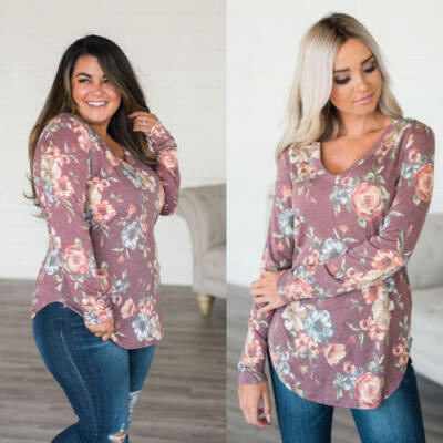 

UK Womens Long Sleeve Blouses Ladies Floral Casual V Neck Loose Tops T Shirts