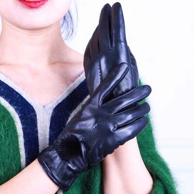 

2018 female winter thick warm leather gloves plus velvet sheepskin outdoor rabbit hair ball work gloves female outdoor bike discou