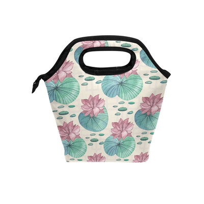 

Lunch Bag Pink Lotus Tote Travel Picnic Insulated Handbags Portable Zipper Lunch Bag Box