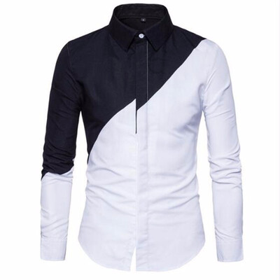 

2018 Mens Cotton Black White Stitching Color Shirts Casual Slim Fit Fashion Man Lapel Large Size Long-sleeved Shirts Male -2XL