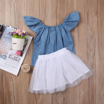 

2Pcs Kids Baby Girl Denim Tops BlouseWhite Skirt Party Tutu Clothes Set Outfits