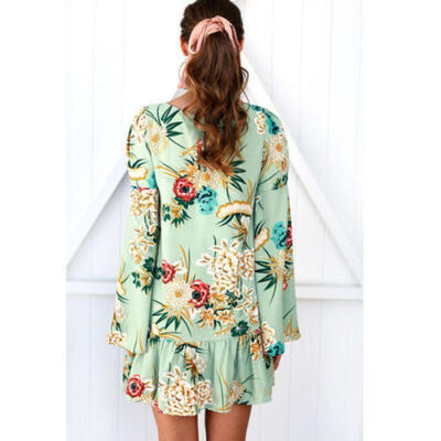 

Women Summer Boho Casual Long Sleeve Party Evening Cocktail Short Mini Dress