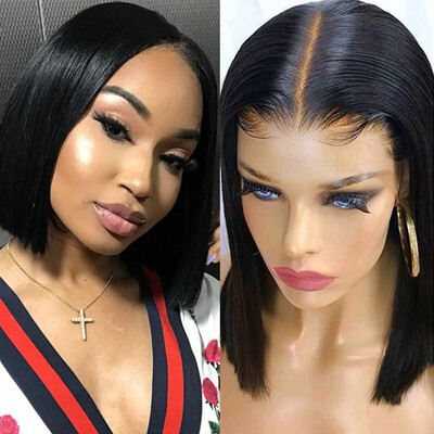 

Human Hair Short Cut Bob Full Wigs for Black Women Middle Part Natural Black Hair Straight Black Short Bob Lace Wigs