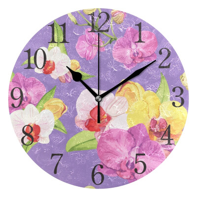 

Wall Clock Arabic Numerals Design Purple Yellow Flowers Round