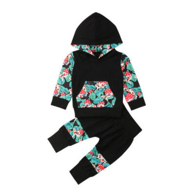 

2Pcs Newborn Baby Boy Girl Floral Hooded Tops Long Pants Outfits Clothes 0-12M