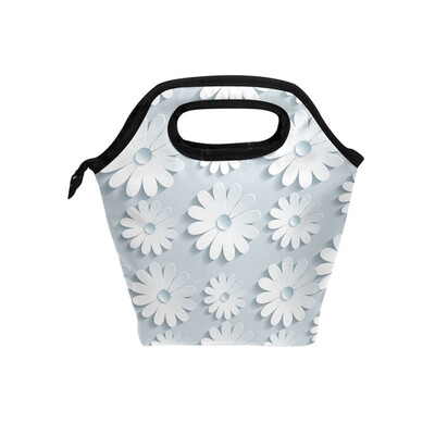 

Lunch Bag White Flowers 2 Tote Travel Picnic Insulated Handbags Portable Zipper Lunch Bag Box