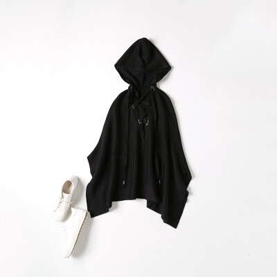 

Womens Wool Sweater Loose Hooded Small Vest Shoulder Bat Sleeve Coat