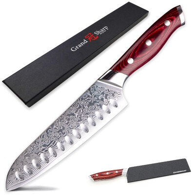 

Grandsharp 7 Inch Santoku Chef Knife Damascus Steel 67 Layers VG10 Japanese Stainless Steel Kitchen Knife with Gift Box