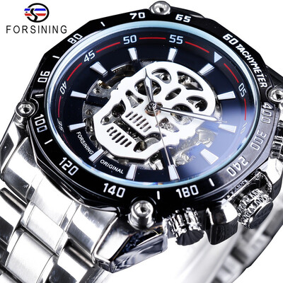 

Forsining 3D Skull Transparent Golden Stainless Steel Luminous Design Mens Automatic Sport Watch Top Brand Luxury Skeleton Clock