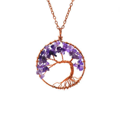 

Tree Life Leaf Pendant Amethyst Rose Crystal Necklace Gemstone Chakra Jewelry