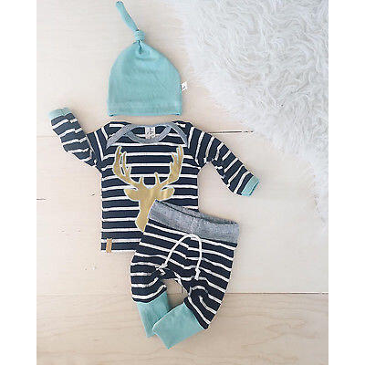 

Newborn Baby Boy Girl Long Sleeve Tops Long Pants Hat 3PCS Outfits Set Clothes