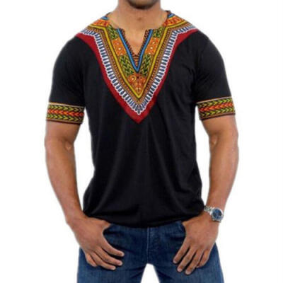 

New Mens African Print Dashiki T-Shirt Top V neck Short Sleeve Casual Blouse