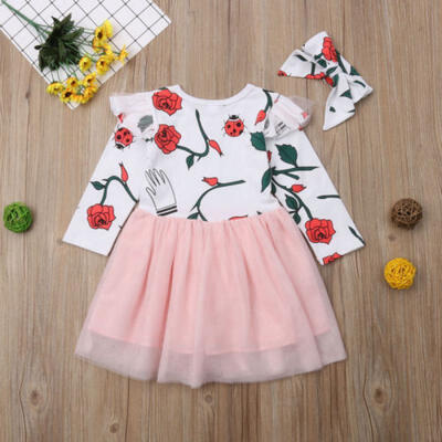 

US Newborn Kids Baby Girls Dress Floral Party Dress Long Sleeve Dress Clothes
