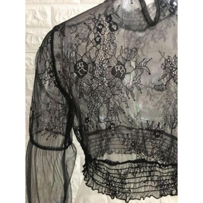 

Women Sexy Black Floral Lace Long Puff Sleeve Slim Blouse Crop Top T-Shirt S M L