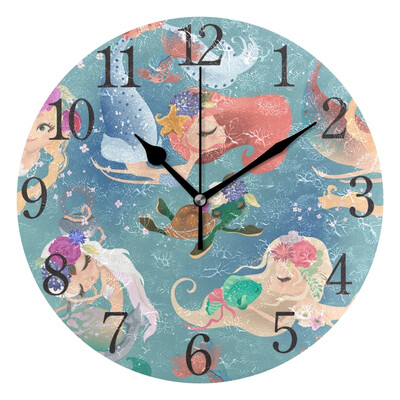 

Wall Clock Arabic Numerals Design Pattern With Cute Mermaid Girls Round