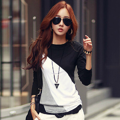 

New Fashion Women T-Shirt Patchwork Round Neck Long Sleeve Casual Slim Top